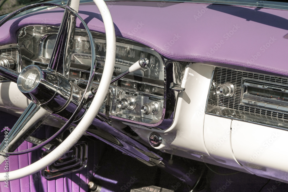 Fototapeta premium classic car dashboard and steering wheel circa 1950