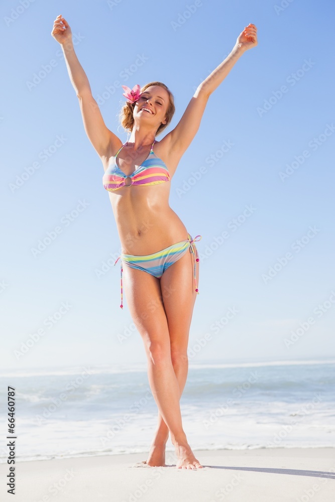 Gorgeous blonde in bikini on the beach smiling at camera