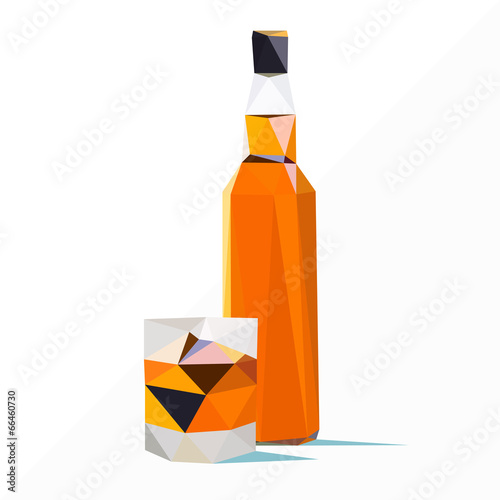 whiskey bottle and glass by triangles, polygon