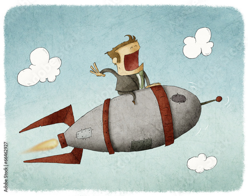 Businessman sitting on a rocket and flying through the air