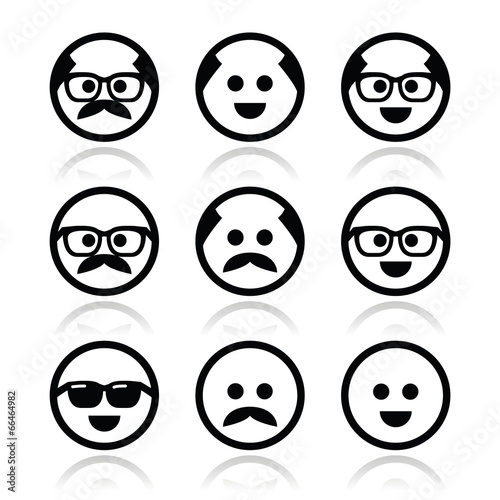 Bald man with mustache and in glasses faces icons set