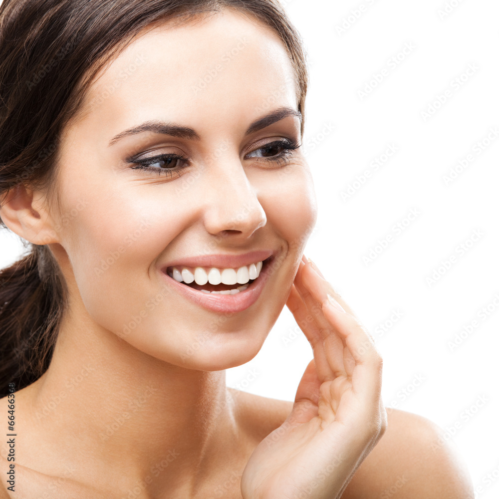 Woman touching skin or applying cream, isolated Woman touching skin or applying cream, isolated