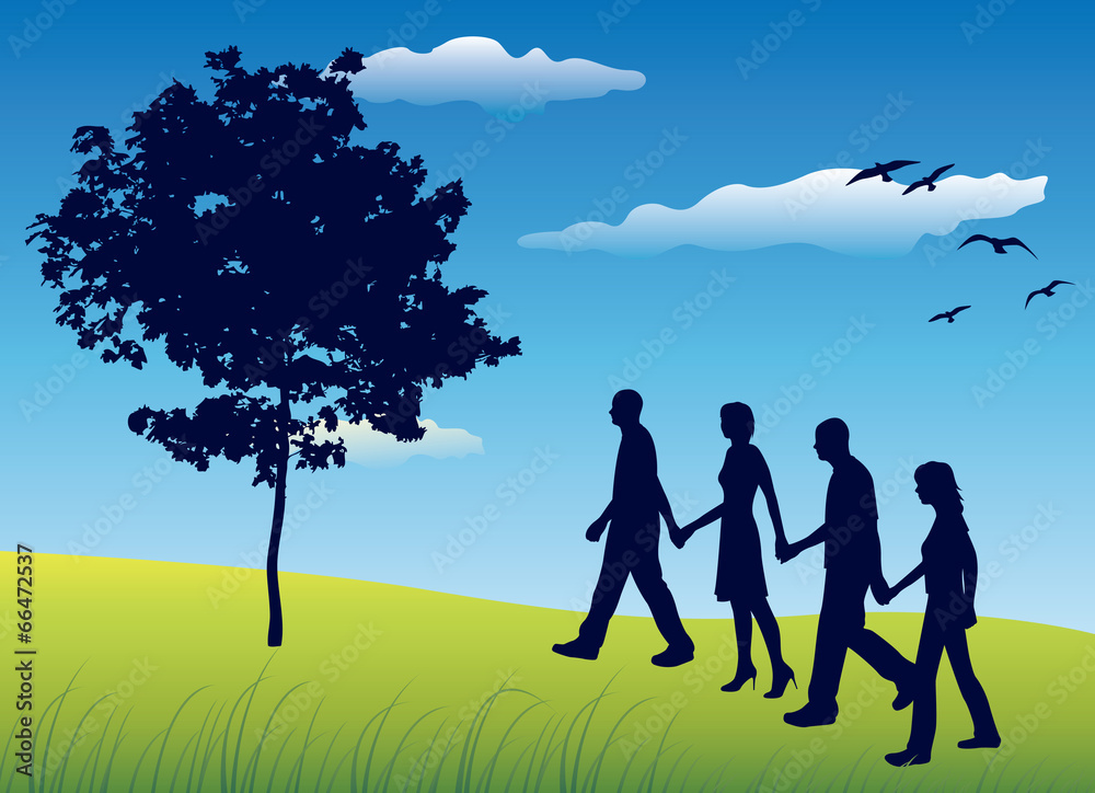 four friends holding for hands and walking on field, vector four friends holding for hands and walking on field, vector
