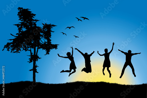 four friends jumping on field near tree, blue sky