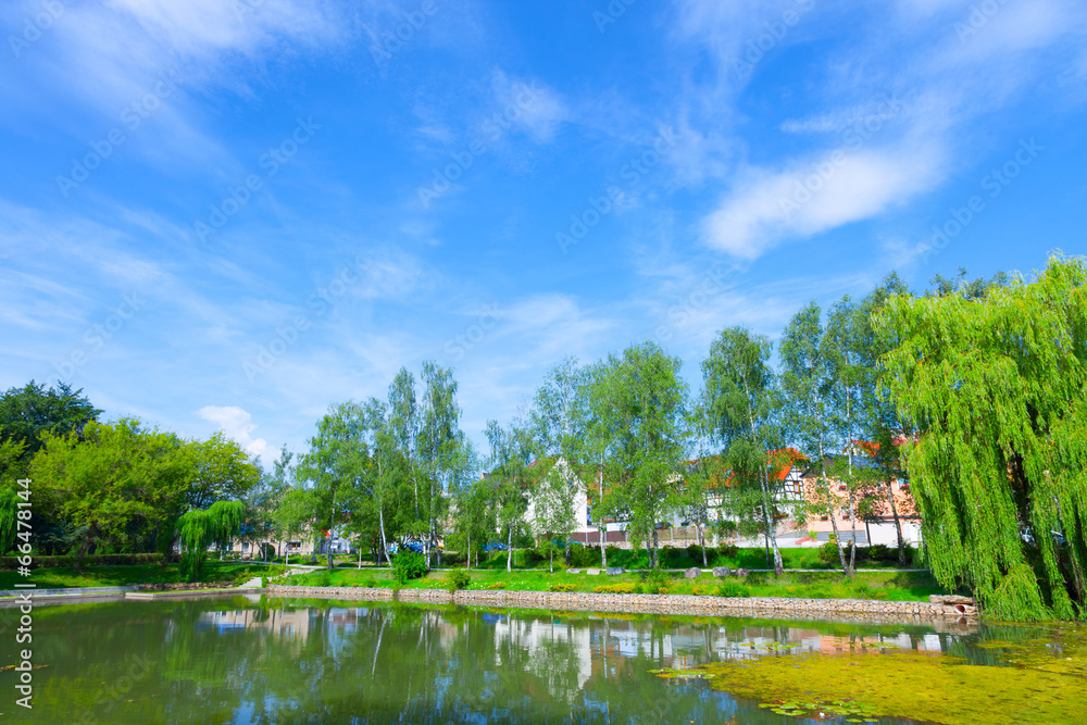 Fototapeta premium Lake in the city and houses on the horizon