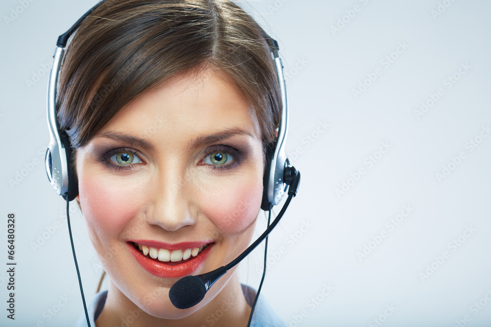 Close Up Portrait. Woman call center operator. Business woman w Close Up Portrait. Woman call center operator. Business woman w
