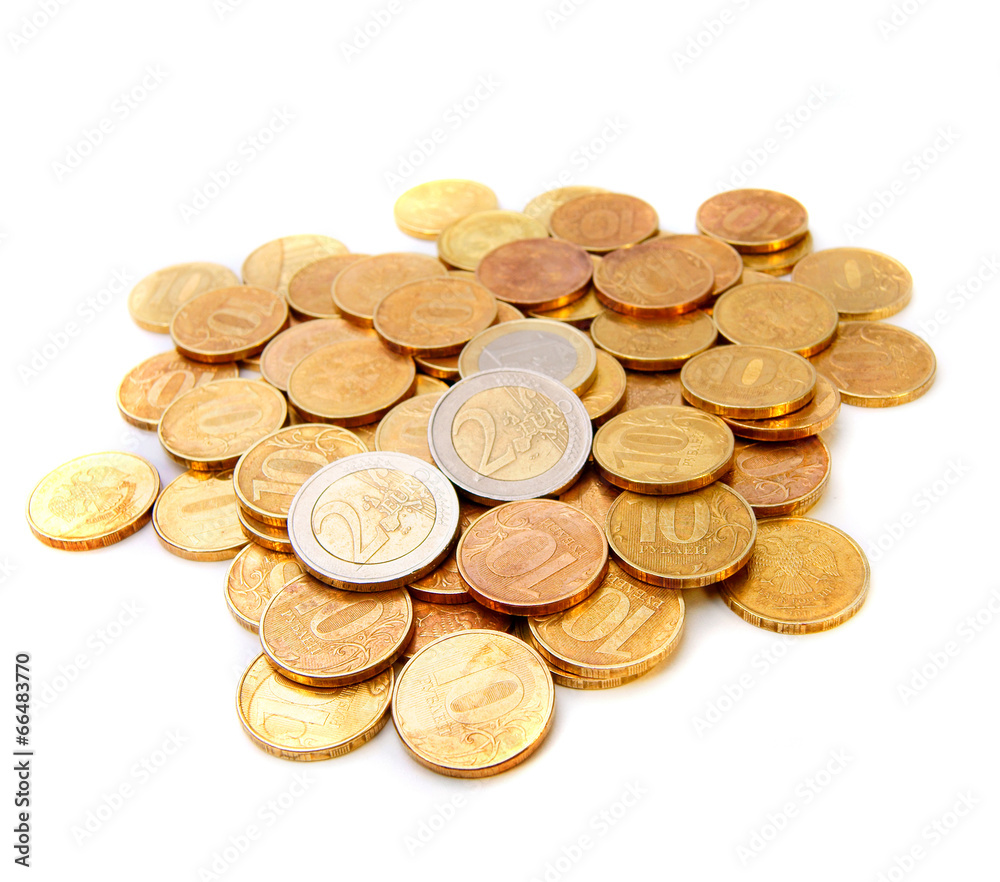 Gold coins on a white background.