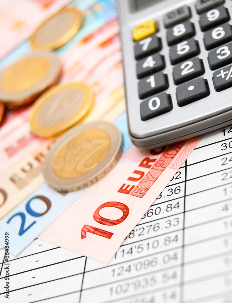 Euros money, the calculator and documents. Euros money, the calculator and documents.