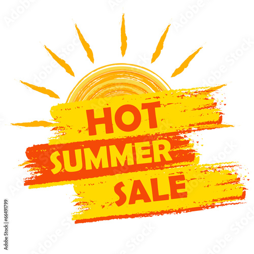 hot summer sale with sun sign, yellow and orange drawn label