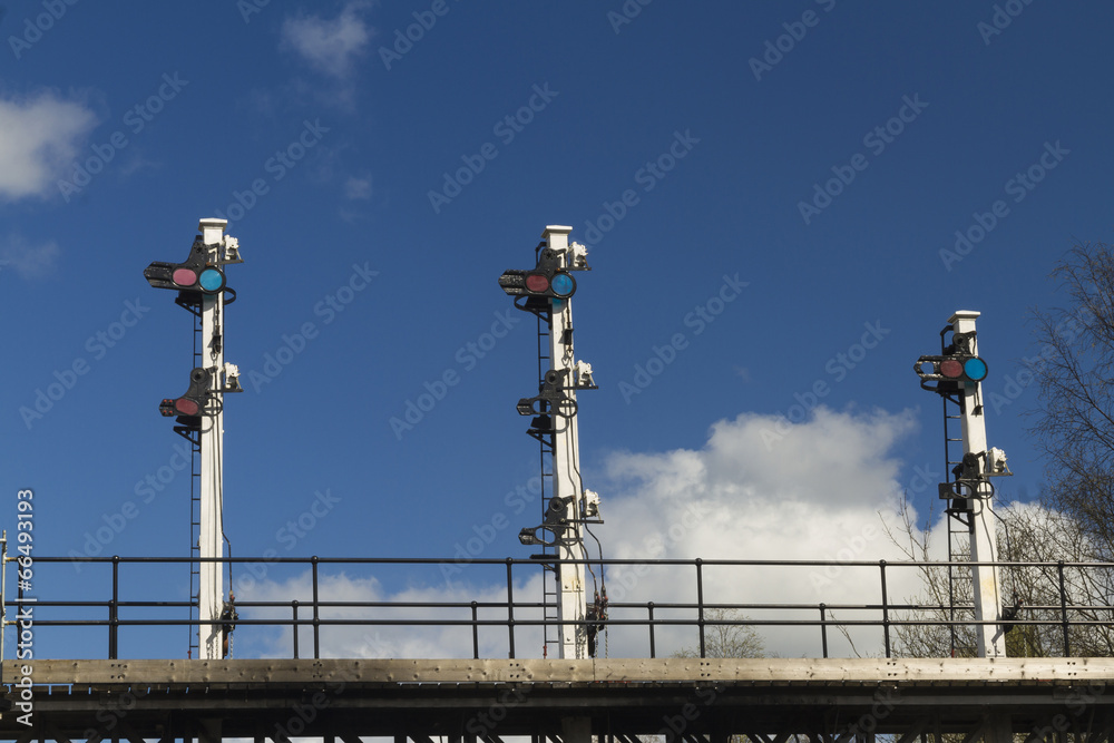 Shunting signals on gantry over railway line. Shunting signals on gantry over railway line.