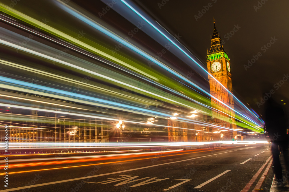 London at Night with Light Trails Left by Passing Cars