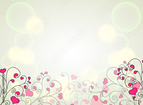 Hearts and swirls on a light background with bokeh