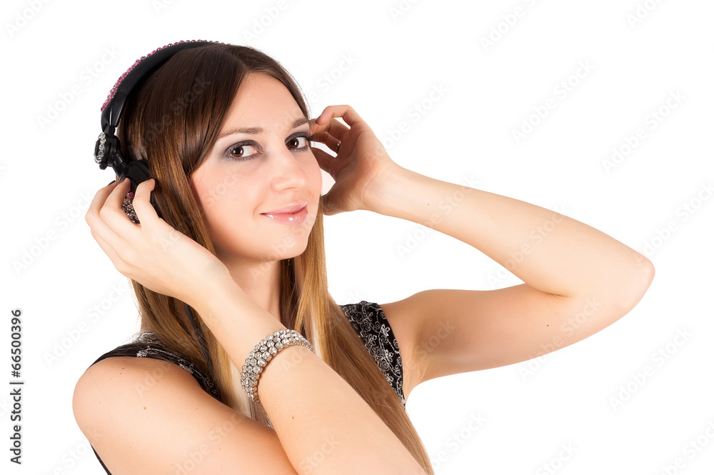 young blonde woman listening music