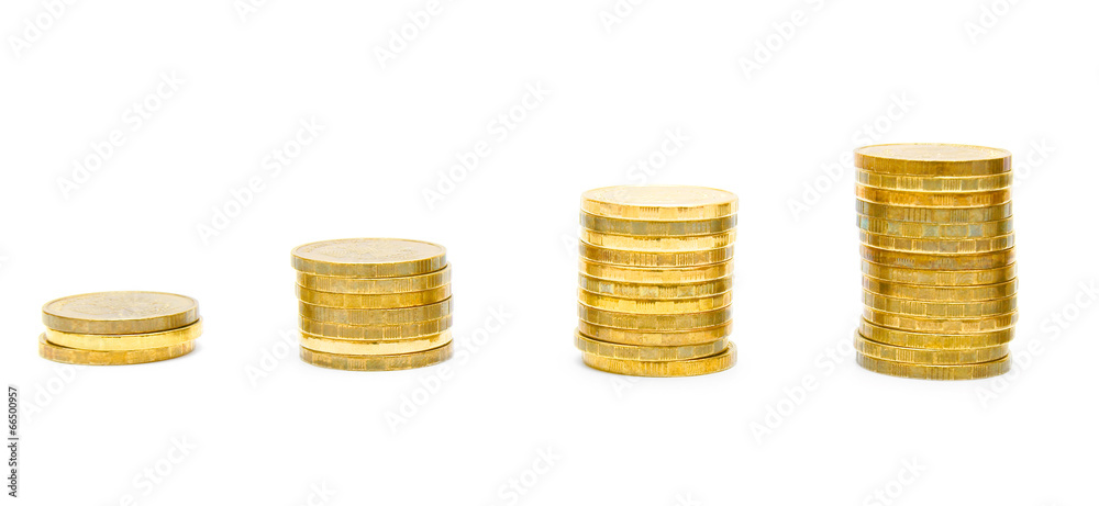 Gold coins on a white background.