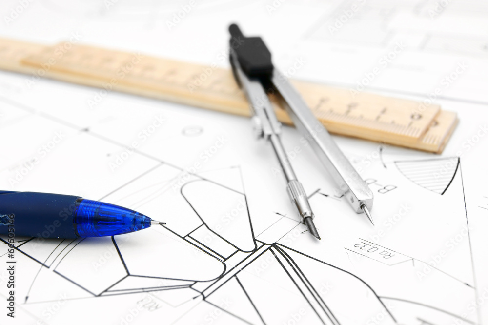 Compasses, pencil and ruler on the drawing . Compasses, pencil and ruler on the drawing .