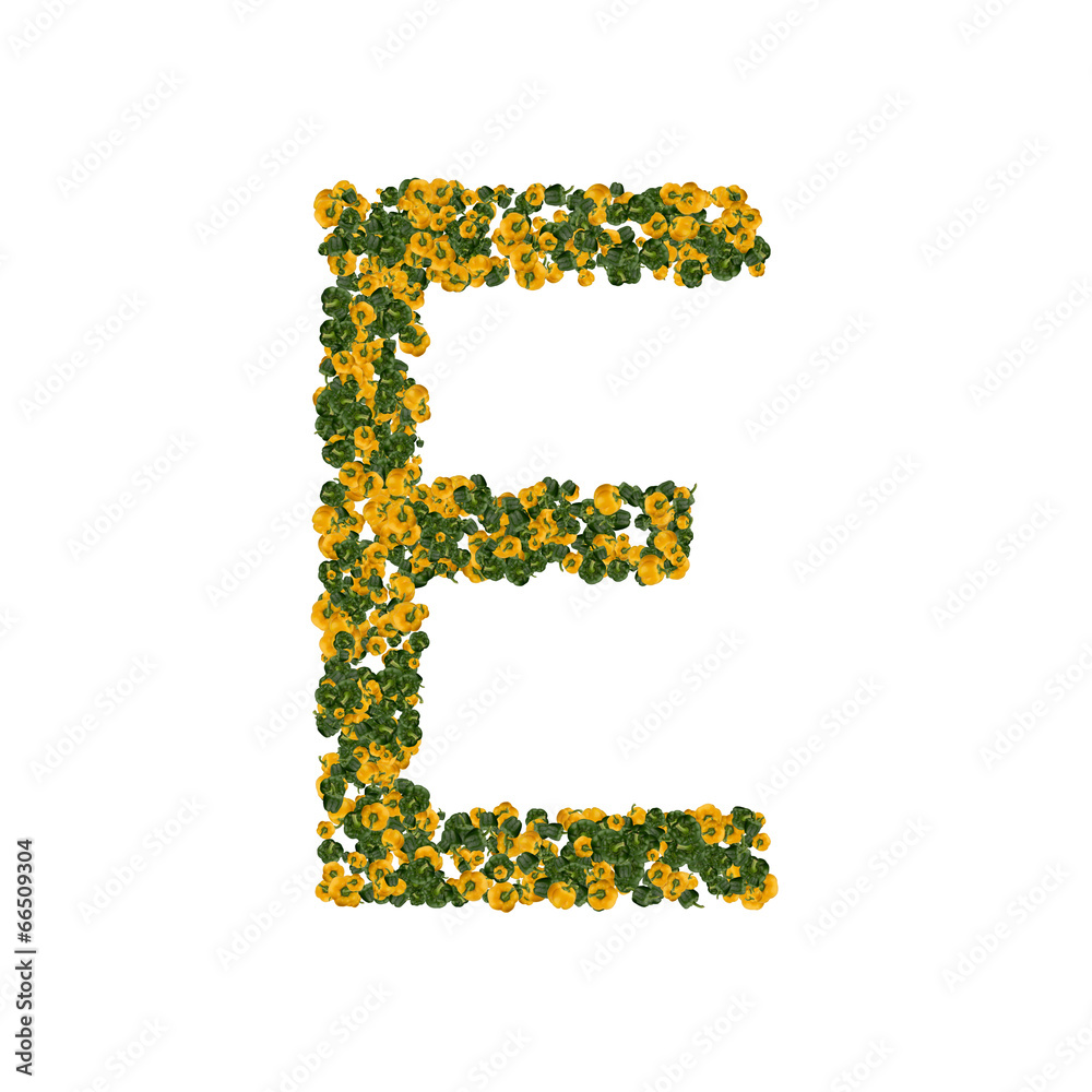 Letter E made from green and yellow bell peppers