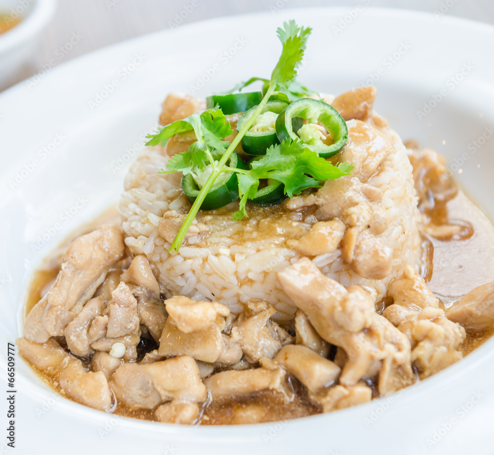 Chicken with brown sauce on rice Chicken with brown sauce on rice
