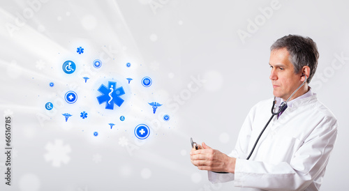 Doctor with blue medical icons