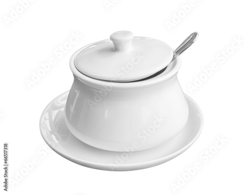 White containers set isolated on white background. Tableware or utensil consist of ceramic bowl or cup, plate or saucer and stailess spoon for kitchen, table for keep coffee, sauce and condiment. photo