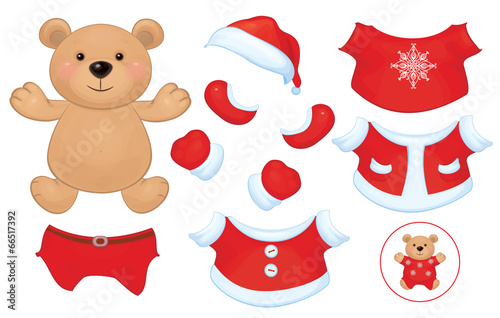 Vector cute  bear toy with  set of Santa Claus costume clothes.