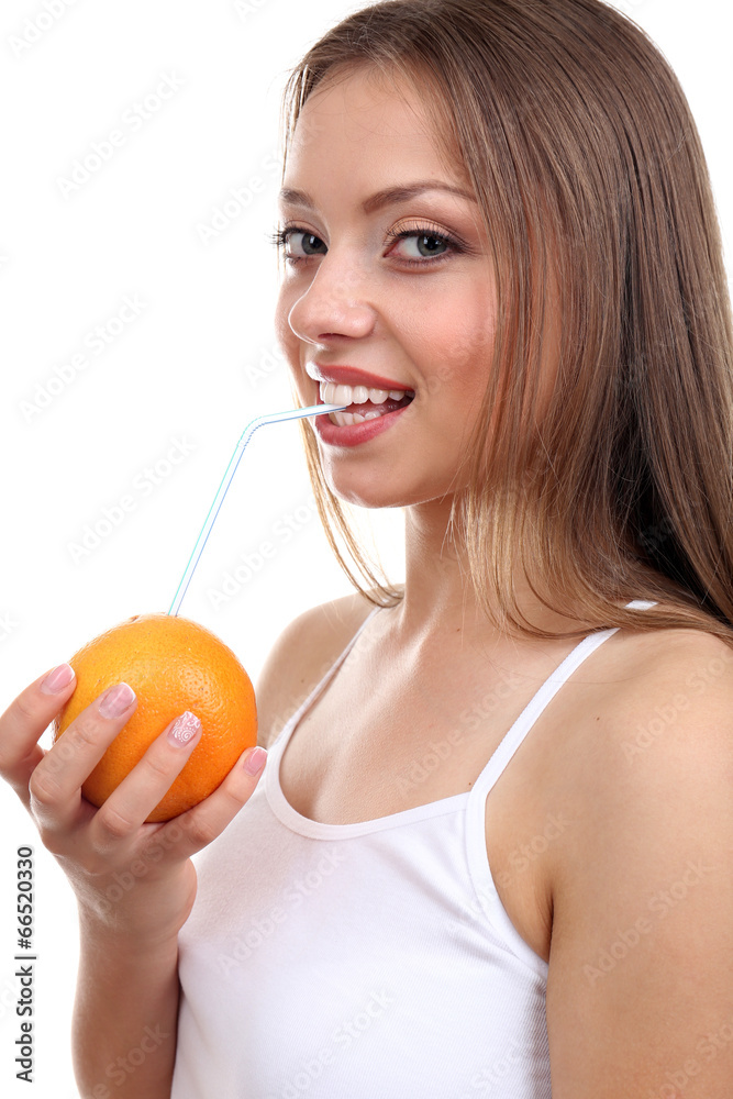 Beautiful girl with juice, isolated on white Beautiful girl with juice, isolated on white