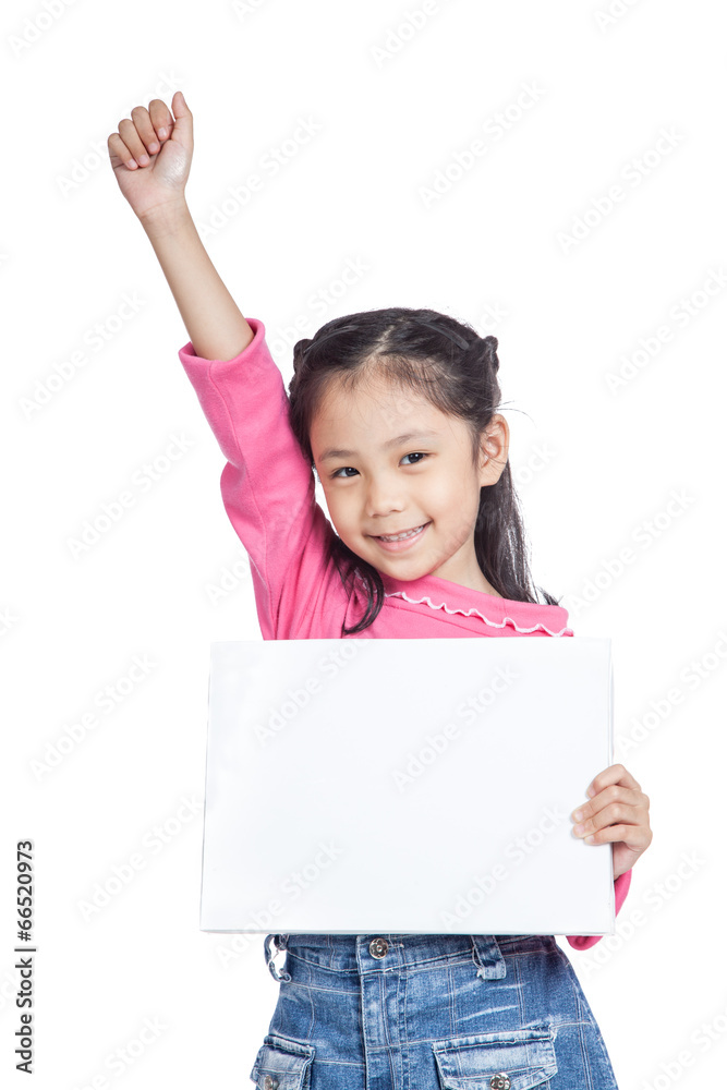 Asian little girl hold a blank sign fist up with success Asian little girl hold a blank sign fist up with success