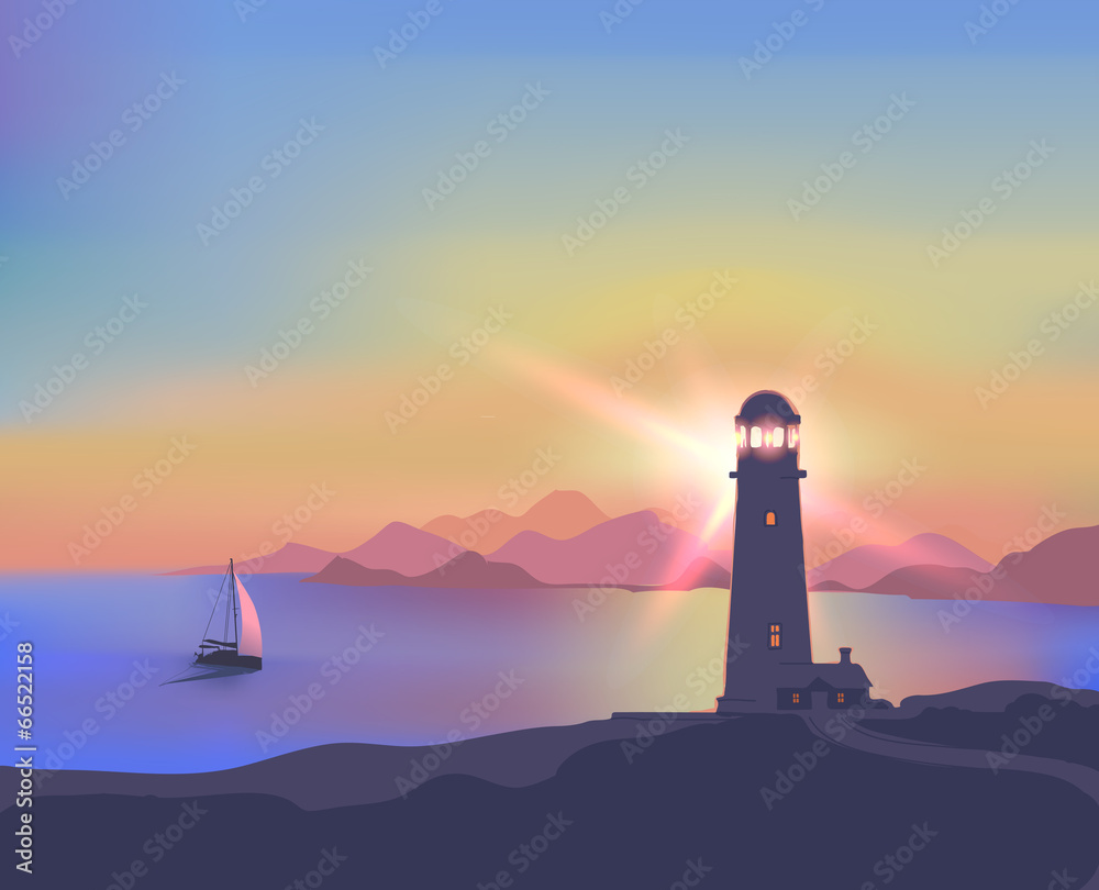 Illustration with a sunset, sea, lighthouse, mountains