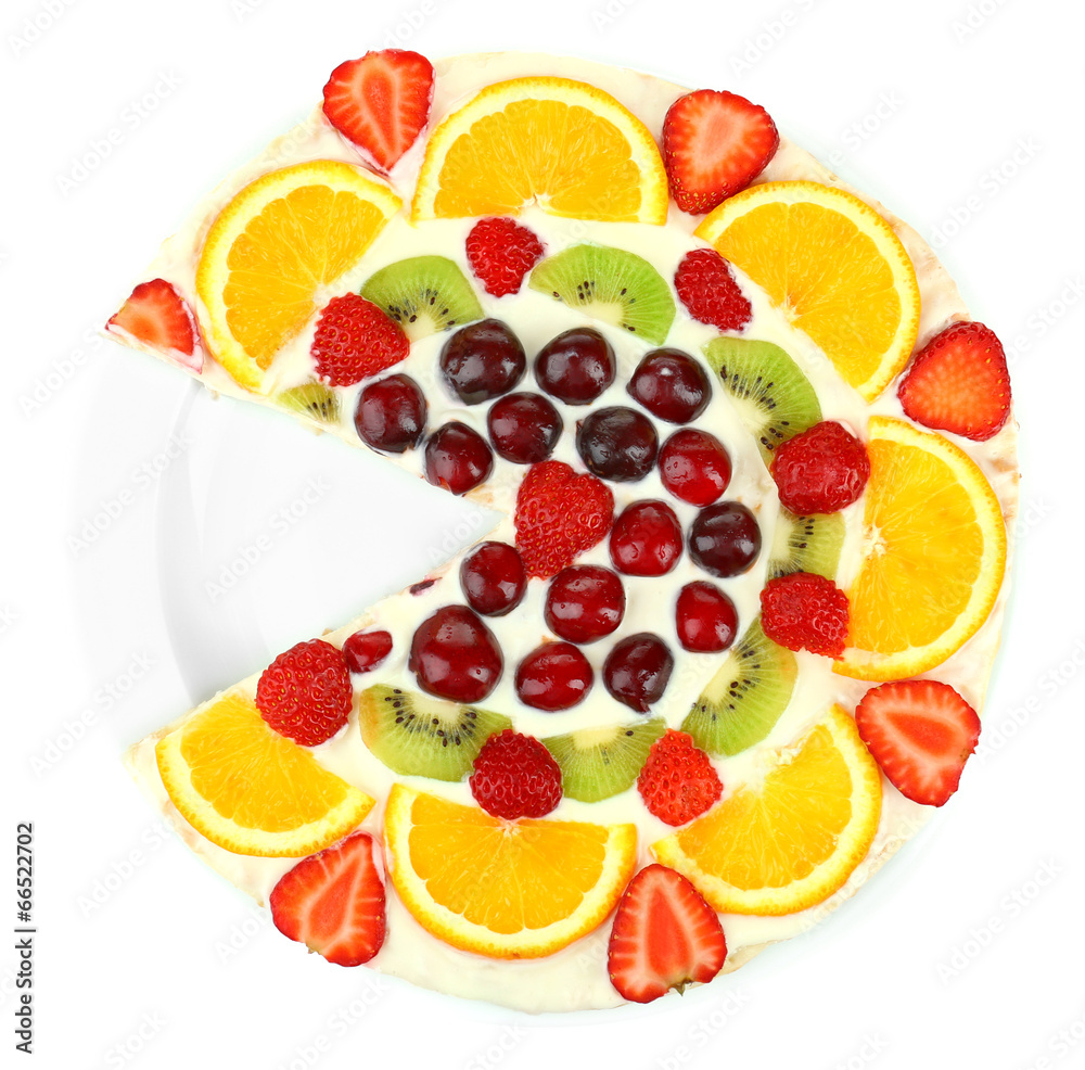 Homemade sweet pizza with fruits isolated on white