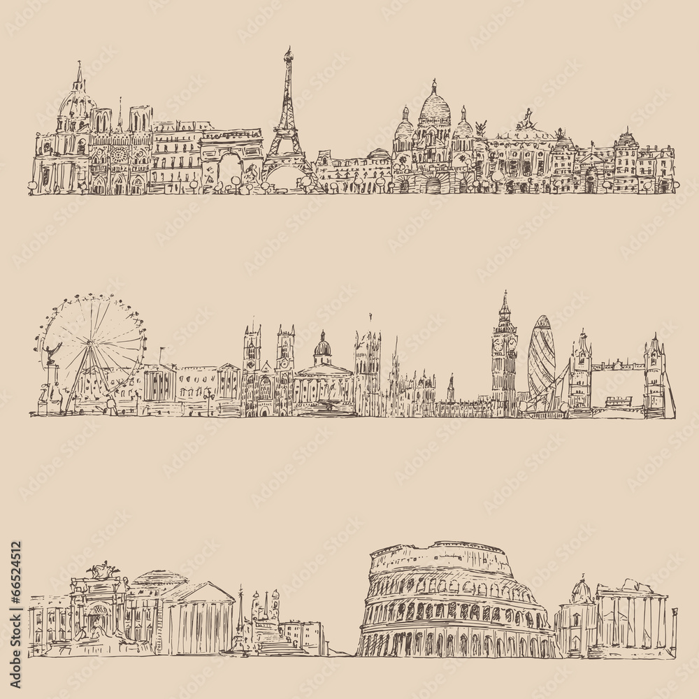 Naklejka premium city set (London, Paris, Rome) vintage engraved