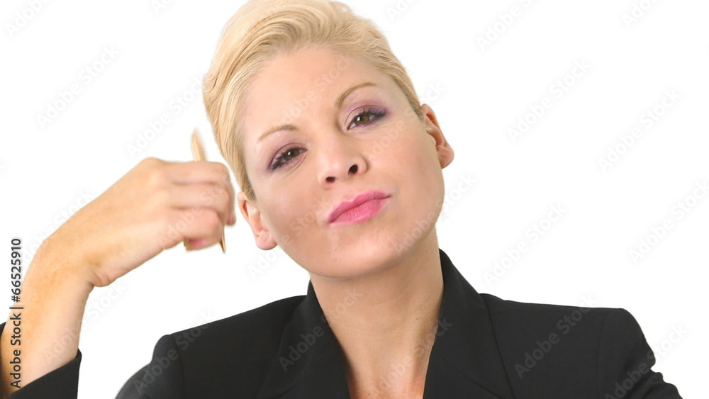 Closeup portrait of executive businesswoman thinking with pen in