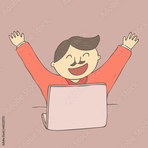 happy office worker, vector illustration, hand drawn