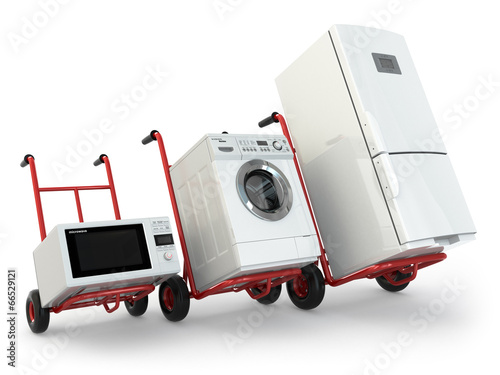 Appliance delivery. Hand truck, fridge, washing machine and micr photo