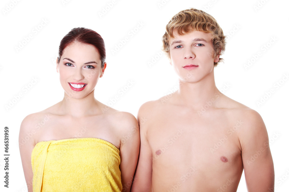 Topless couple standing Topless couple standing