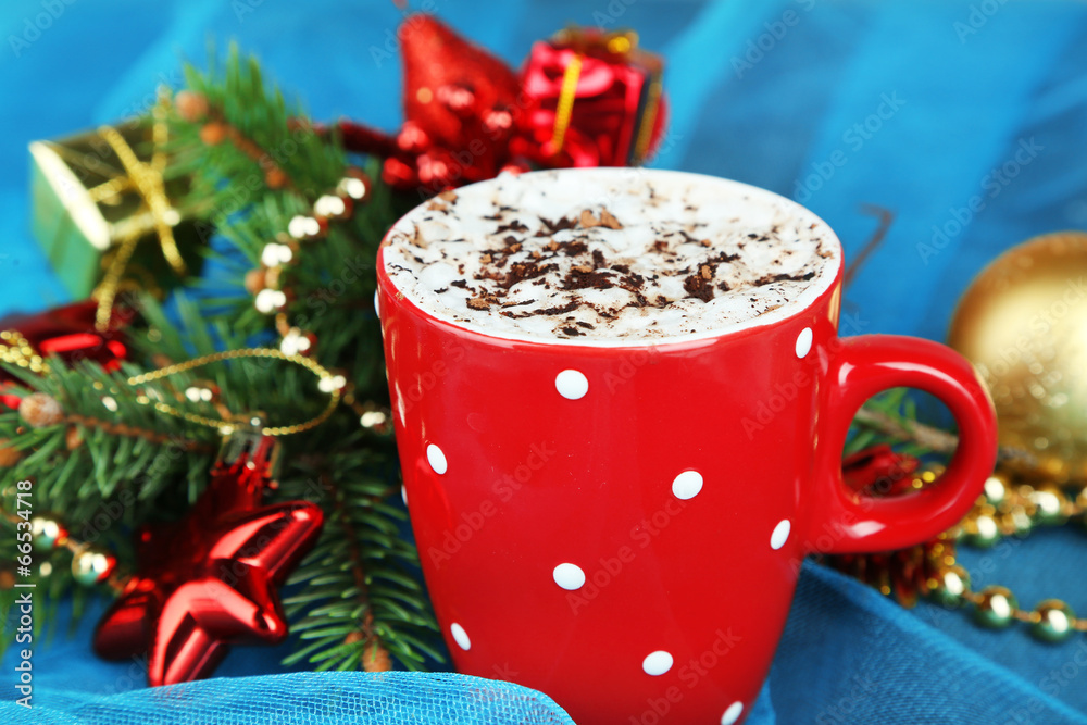 Hot chocolate with cream in color mug, Hot chocolate with cream in color mug,