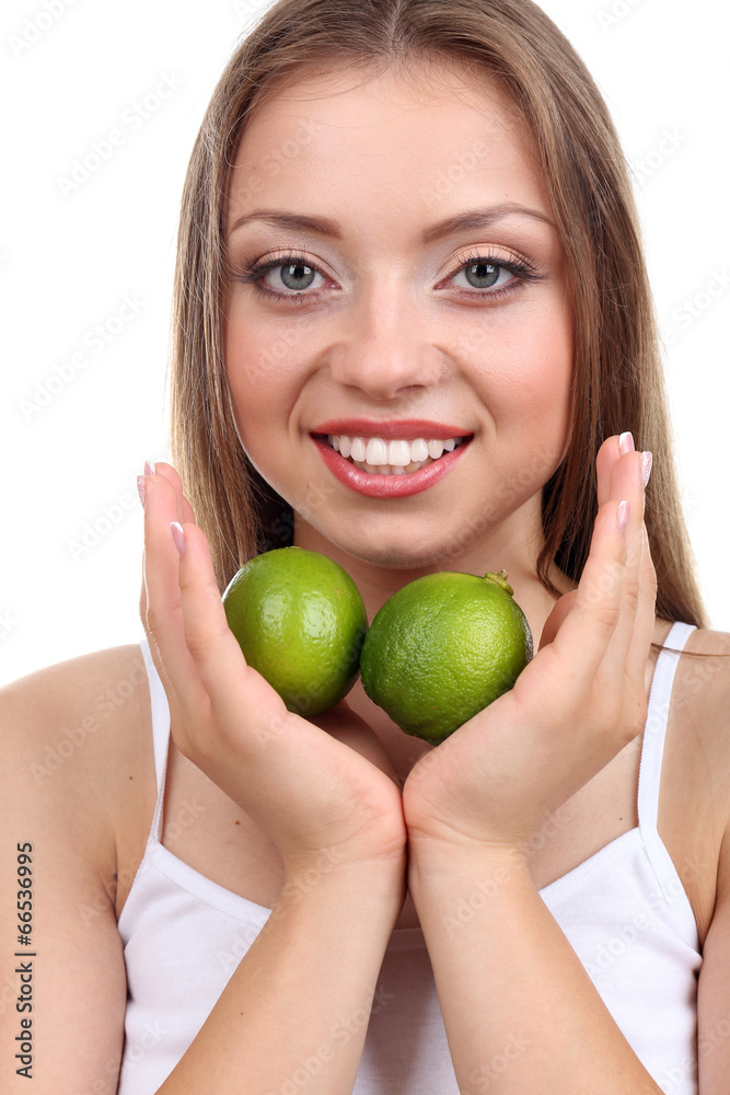 Beautiful girl with lime, isolated on white Beautiful girl with lime, isolated on white