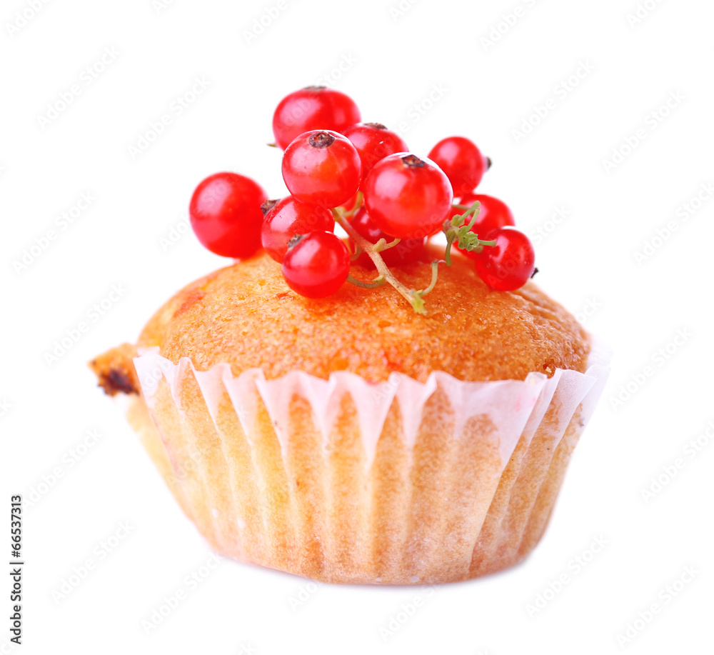 Tasty muffin with red currant isolated on white Tasty muffin with red currant isolated on white