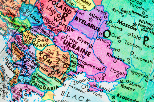 Globe map, close-up of Ukraine. Concept, Russian invasion, war and aggression.