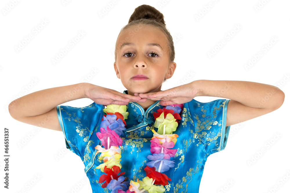Silly expression from girl wearing Chinese dress and lei Silly expression from girl wearing Chinese dress and lei