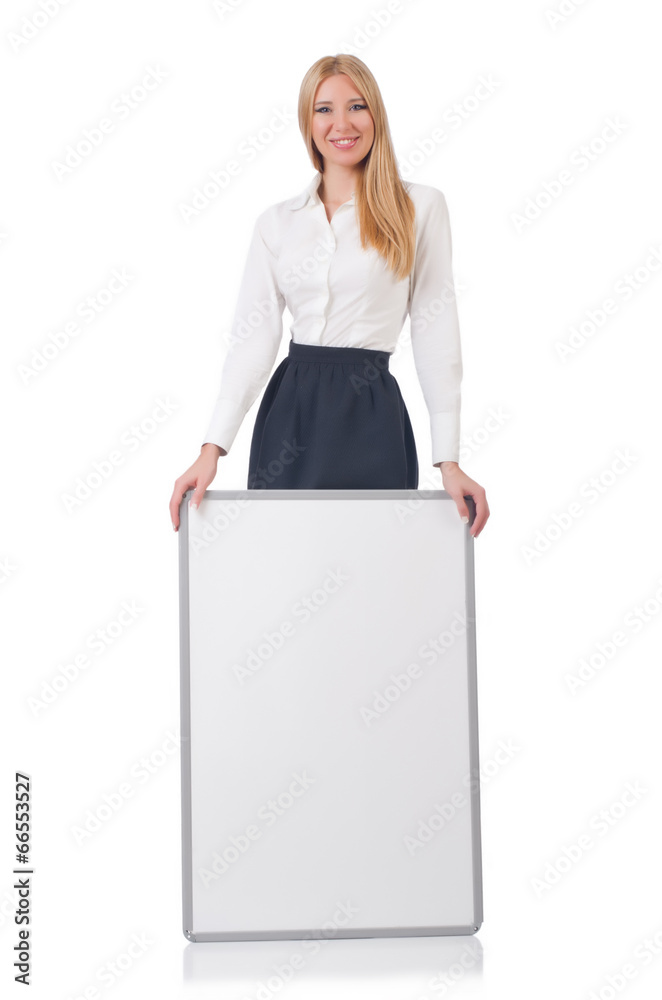 Woman businesswoman with blank board on white Woman businesswoman with blank board on white