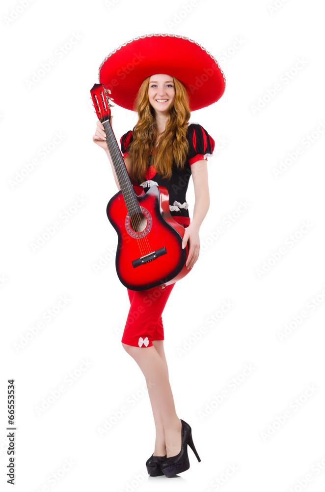 Woman guitar player with sombrero on white Woman guitar player with sombrero on white