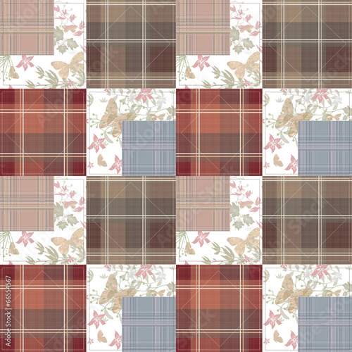 Patchwork seamless retro pattern with buterflies checkered photo