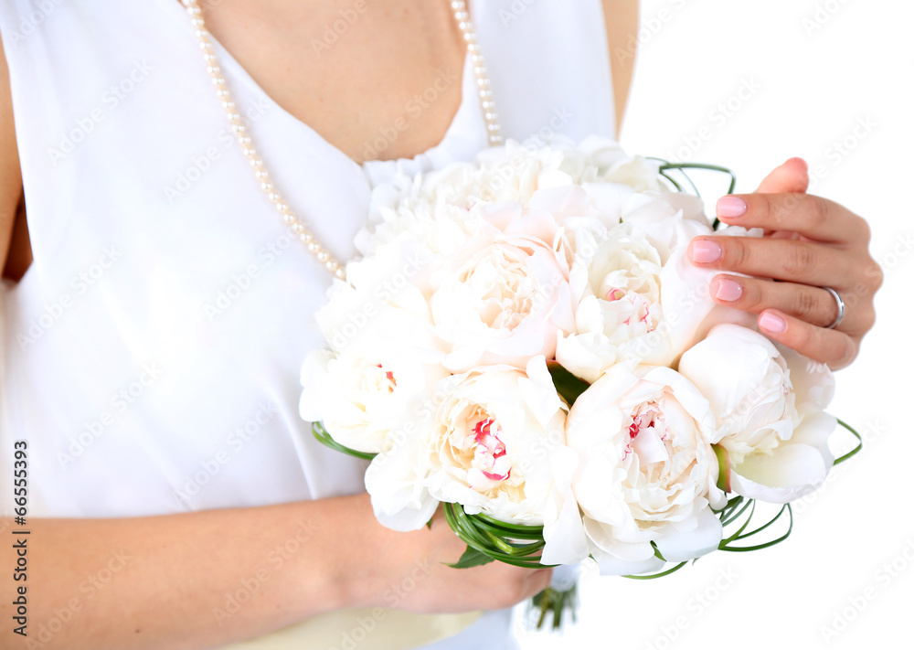 Bride holding wedding bouquet of white peonies, close-up, Bride holding wedding bouquet of white peonies, close-up,