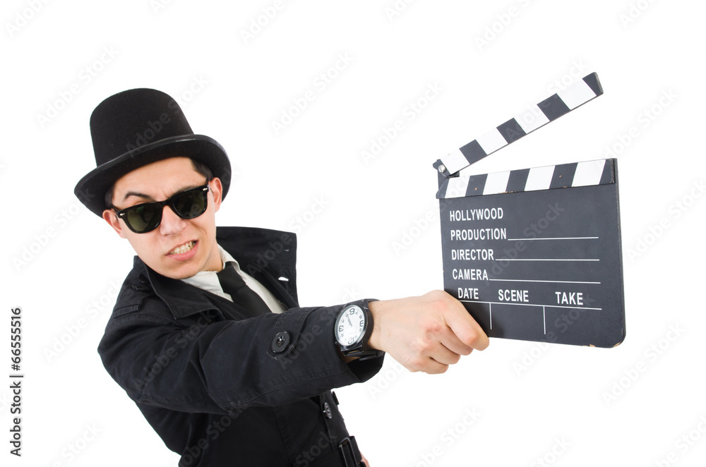 Man with movie clapper isolated on white Man with movie clapper isolated on white