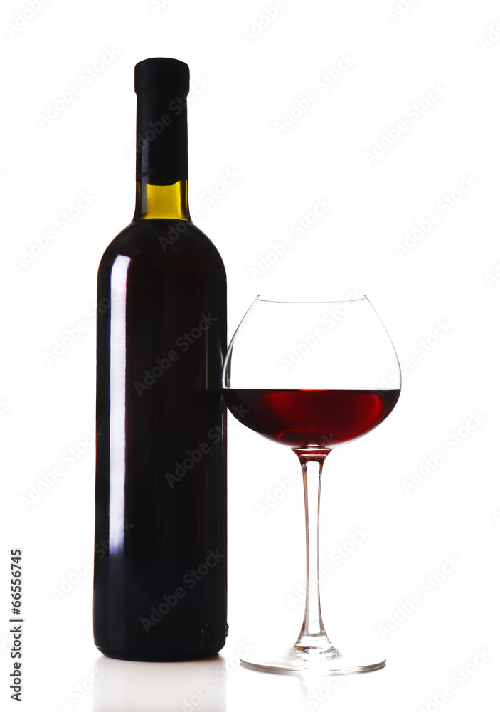 Bottle and glass of wine isolated on white Bottle and glass of wine isolated on white