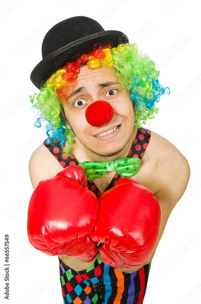 Clown with boxing gloves isolated on the white Clown with boxing gloves isolated on the white
