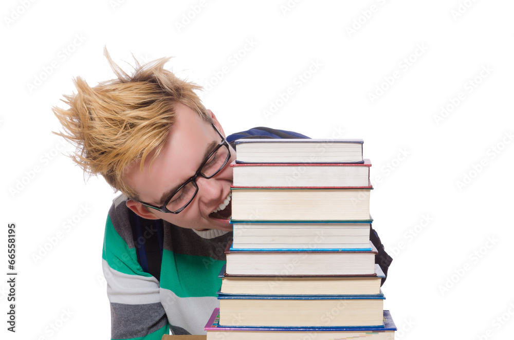 Funny student with stack of books Funny student with stack of books