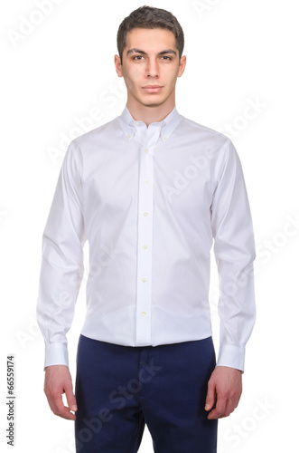 Male model with shirt isolated on white