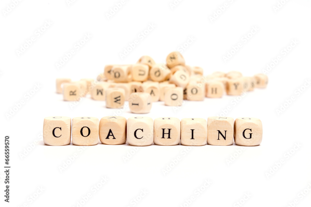 word with dice on white background- coaching - obrazy, fototapety, plakaty 