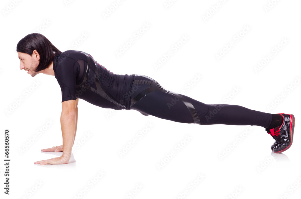 Young man doing exercises on white Young man doing exercises on white