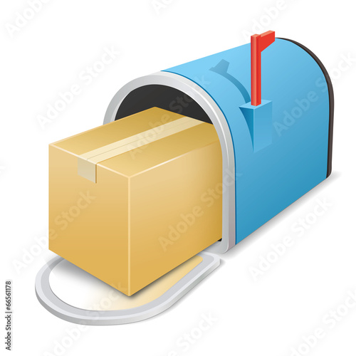 Beautiful blue metallic opened mailbox. Icon. Package.